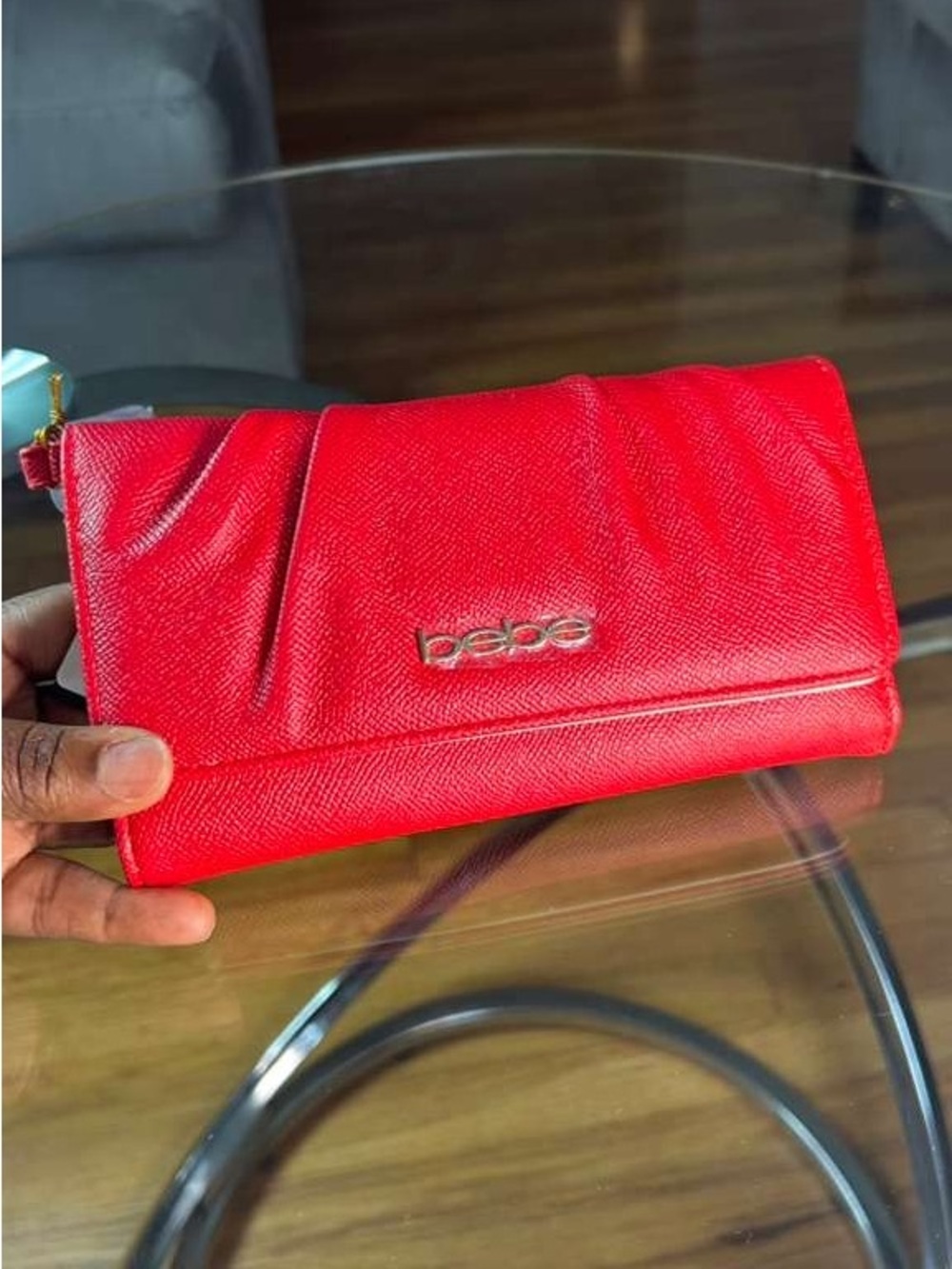 bebe Red Fold-Over Clutch Wallet with Logo